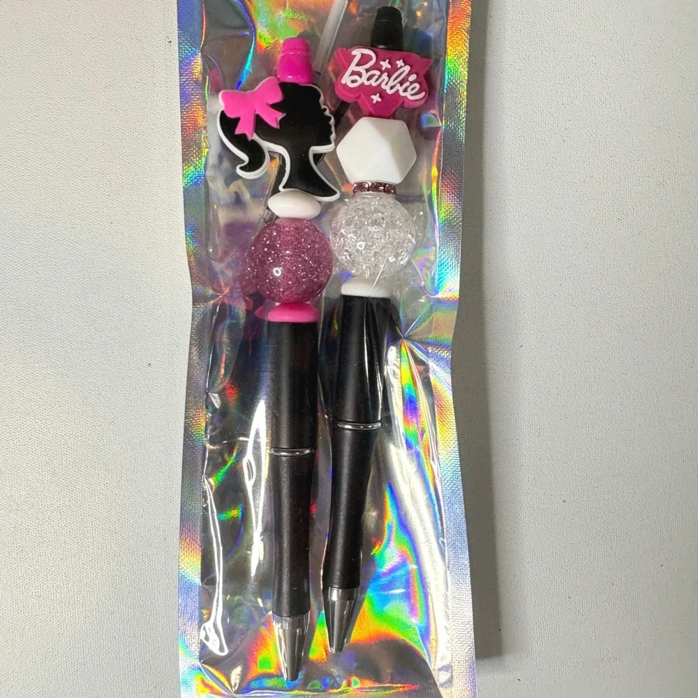 Barbie Beaded Pen Set 2 Pack Pink Black Silhouette Logo Stationery New